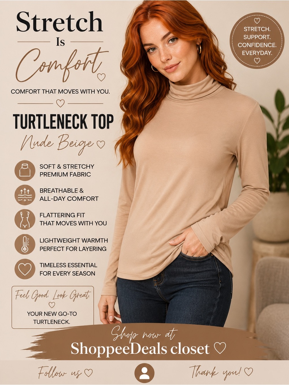 Stretch Is Comfort Nude Beige Fitted Turtleneck Top – Size XL